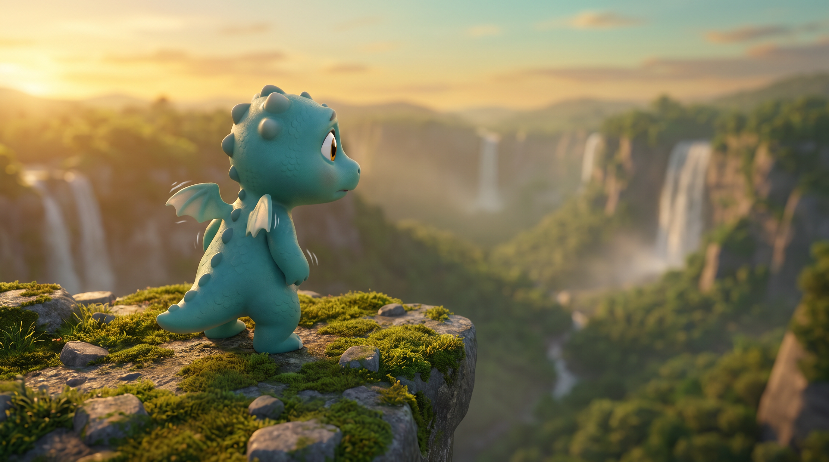 Кадр 1: дракончик Угли на краю скалы смотрит вниз на долину с водопадами
