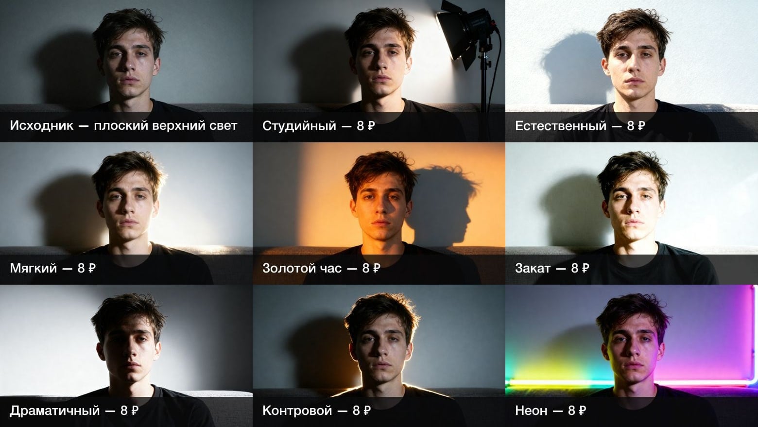 Восемь пресетов инструмента «Студийный свет» на одном портрете: студийный, естественный, мягкий, золотой час, закат, драматичный, контровой, неон