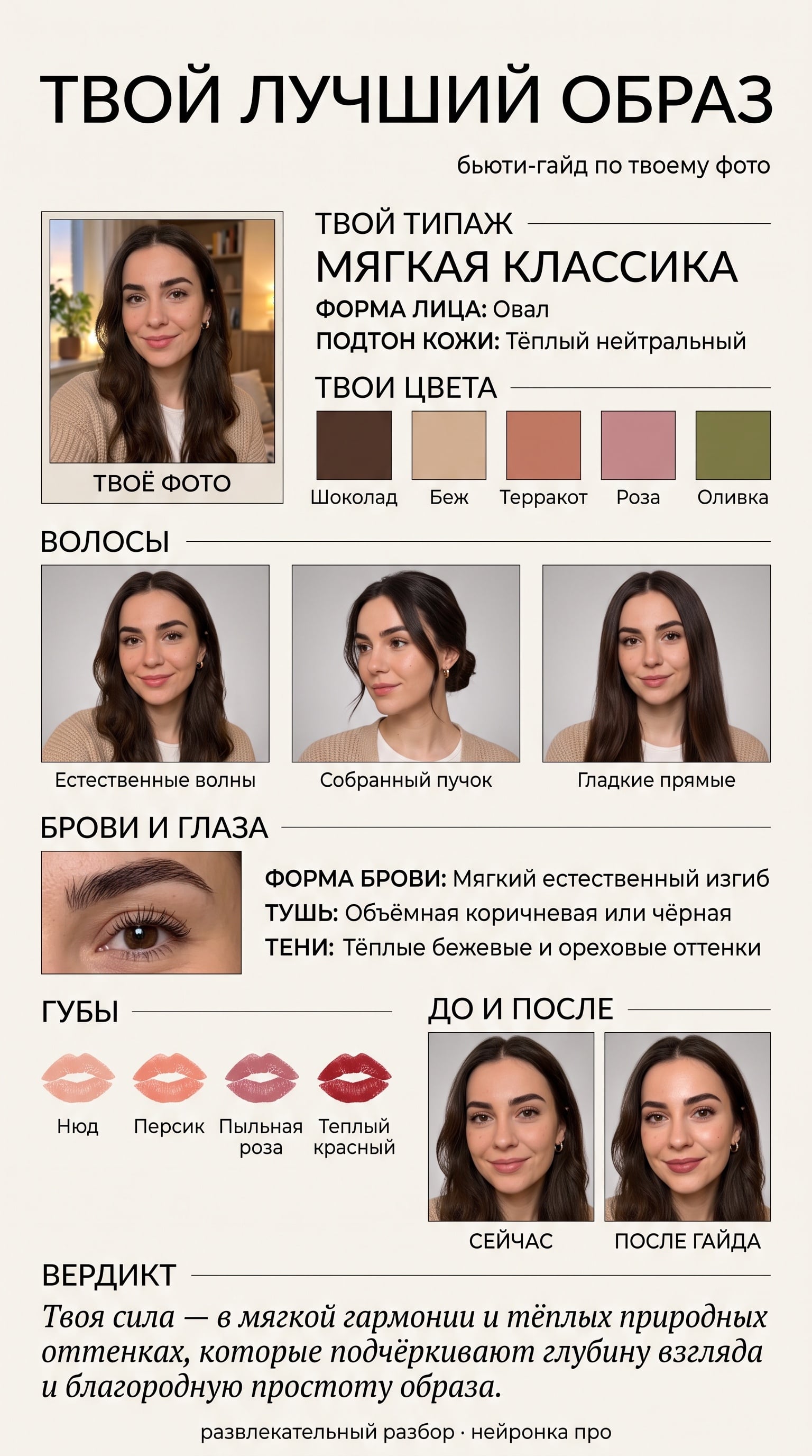 Шаблон «Бьюти-гайд по фото» — пример результата нейросети